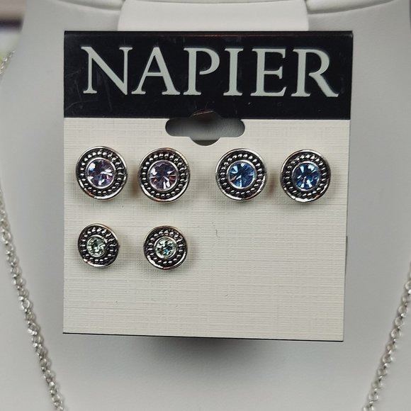 NEW NAPIER SILVER TONE MULTI-COLOR CRYSTAL Y DROP NECKLACE AND EARRING SET - Picture 5 of 9